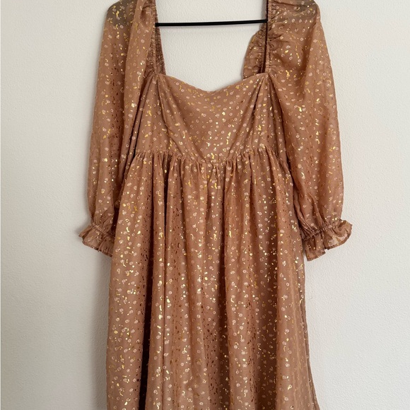 Storia Gold Flaked Dots Baby Doll Puff 3/4 Sleeve Square Neck Flowy Mini Dress L - Picture 1 of 6